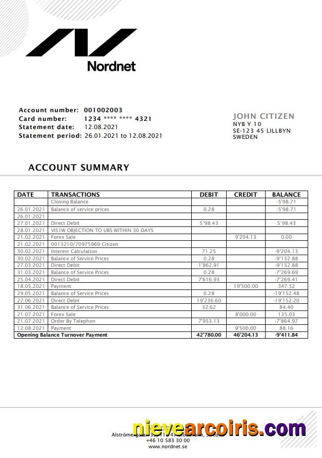 Sweden Nordnet AB bank statement easy to fill in .doc and .pdf format, fully editable